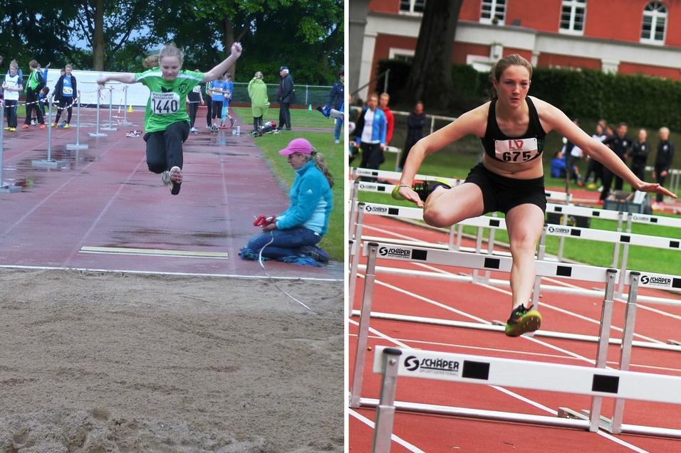 Junge Athletin springt in der Sandgrube, w&auml;hrend eine andere beim H&uuml;rdenlauf &uuml;ber eine H&uuml;rde springt.