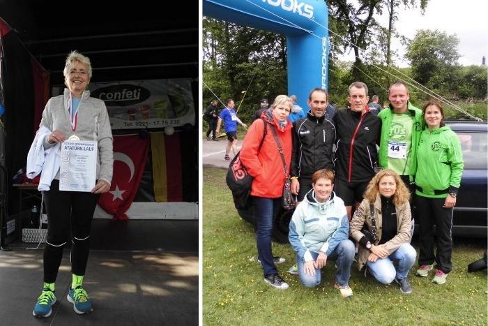 Frau mit Medaille hält Urkunde nach einem Lauf, umgeben von Flaggen auf einer Bühne. Sechs Personen posieren in Laufkleidung.