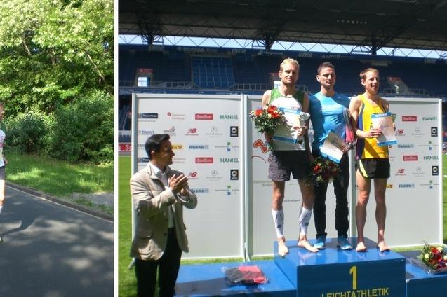 L&auml;ufer in Wettkampfbekleidung joggt allein auf einer Landstra&szlig;e, umgeben von B&auml;umen und Str&auml;uchern.