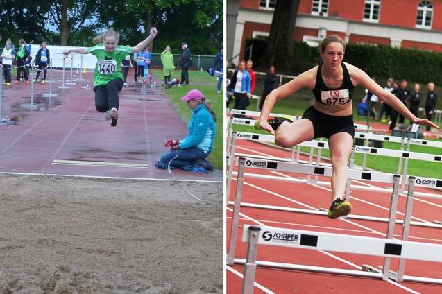 Junge Athletin springt in der Sandgrube, w&auml;hrend eine andere beim H&uuml;rdenlauf &uuml;ber eine H&uuml;rde springt.