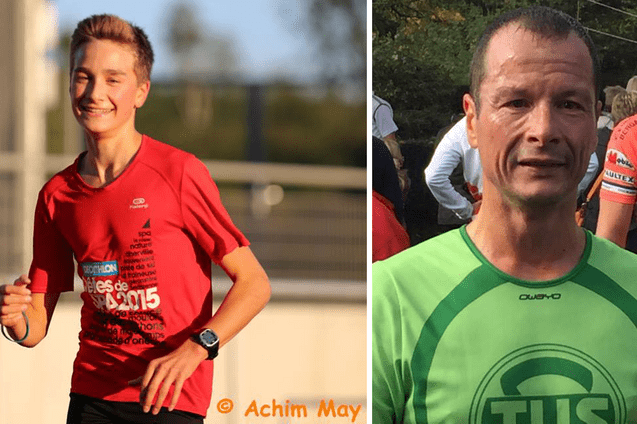 Zwei m&auml;nnliche Sportler, einer in rotem Shirt beim Laufen, der andere in gr&uuml;nem Shirt, steht in einer Gruppe.