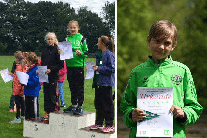 Zwei Szenen von einer Sportveranstaltung: M&auml;dchen auf dem Siegertreppchen, ein Junge mit Urkunde in der Hand.