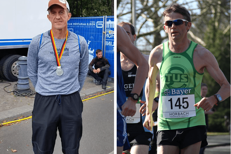 Zwei Wettkampfathleten: links mit Medaille nach Marathon, rechts beim Lauf in Wettkampfkleidung mit Nummer.