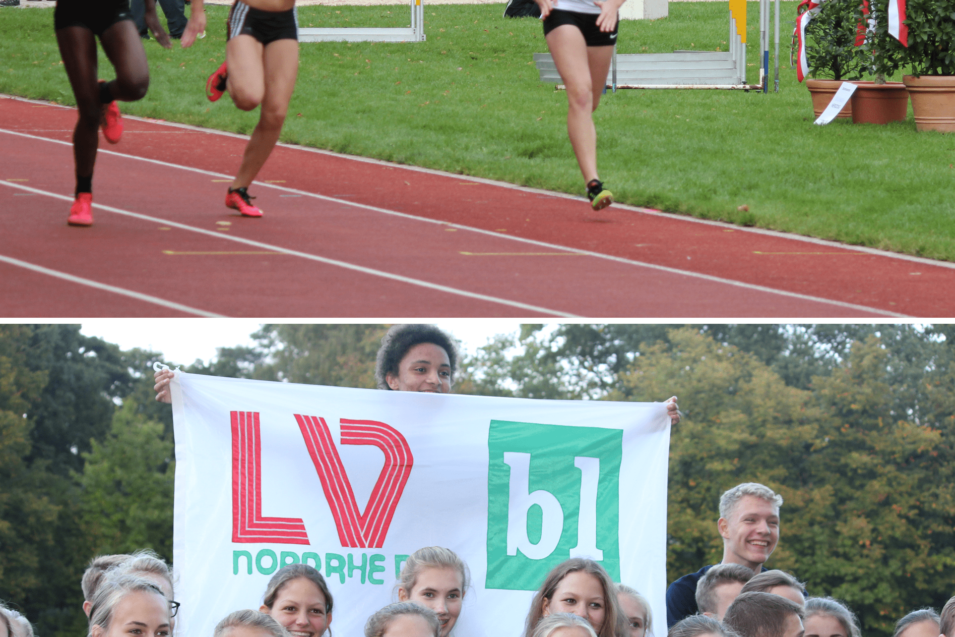 Zwei Laufwettk&auml;mpferinnen sprinten auf der Bahn, Zuschauer stehen im Hintergrund, eine Gruppe junger Athleten posiert mit einem Banner.