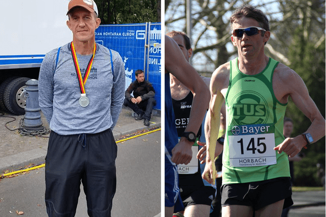 Zwei Wettkampfathleten: links mit Medaille nach Marathon, rechts beim Lauf in Wettkampfkleidung mit Nummer.