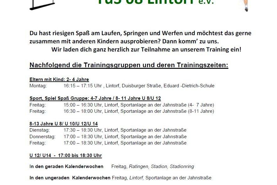 Informationsblatt des TuS 08 Lintorf e.V. &uuml;ber Leichtathletik-Trainingsgruppen und -zeite.