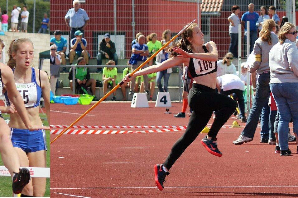 Drei Szenen einer Leichtathletikveranstaltung: Teilnehmerinnen beim H&uuml;rde springen, Weitsprung und einer Siegerehrung.