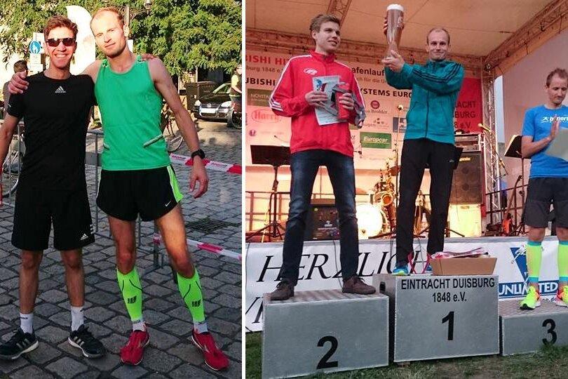 Zwei Bilder: Links zwei Männer in Laufkleidung nach einem Rennen; rechts drei Läufer auf dem Siegerpodest mit Pokal.