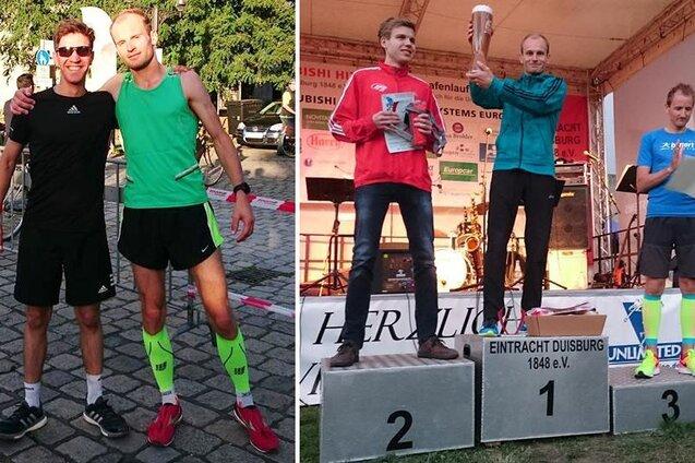 Zwei Bilder: Links zwei M&auml;nner in Laufkleidung nach einem Rennen; rechts drei L&auml;ufer auf dem Siegerpodest mit Pokal.