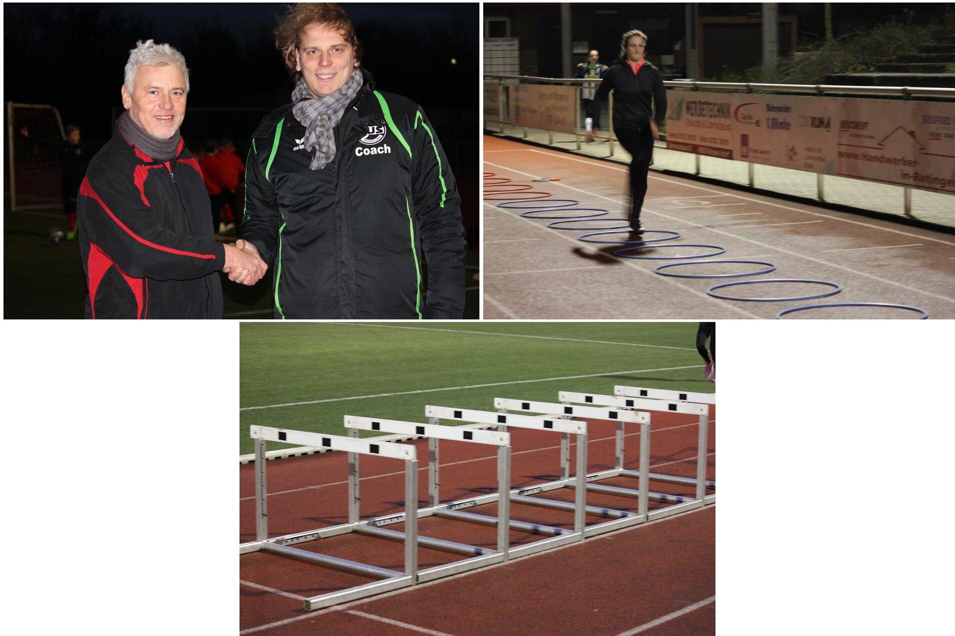 Drei Bilder: Zwei Männer schütteln Hände, ein Läufer trainiert mit Koordinationsleitern, und Hindernisse auf einem Sportplatz.