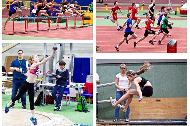 Verschiedene Leichtathletik-Disziplinen: H&uuml;rdenlauf, Sprint, Kugelsto&szlig;en und Weitsprung in einer Sporthalle.