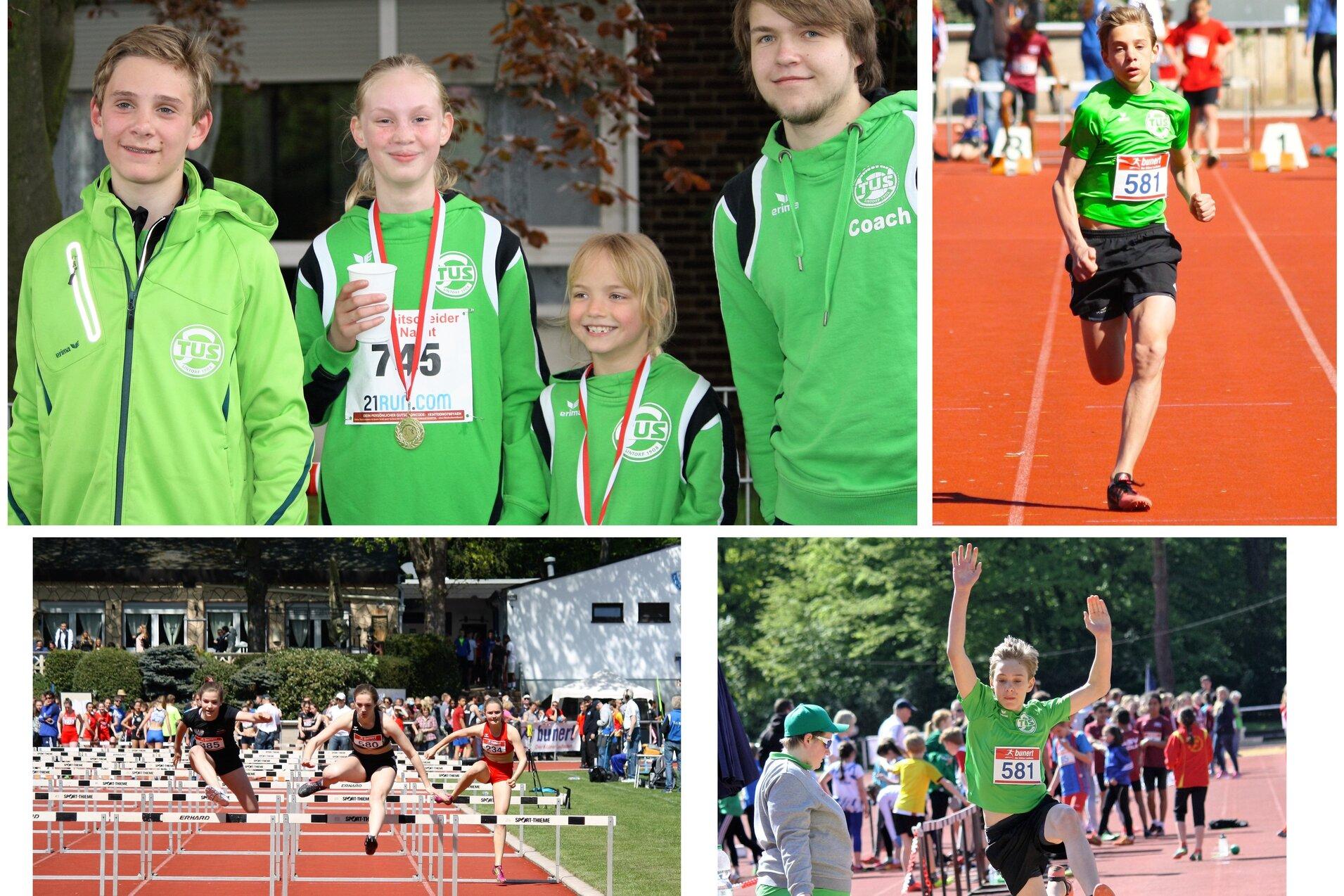 Collage von Jugendlichen in Sportbekleidung, darunter Medaillenträger und Athlet beim Sprint sowie Hürdenlauf.