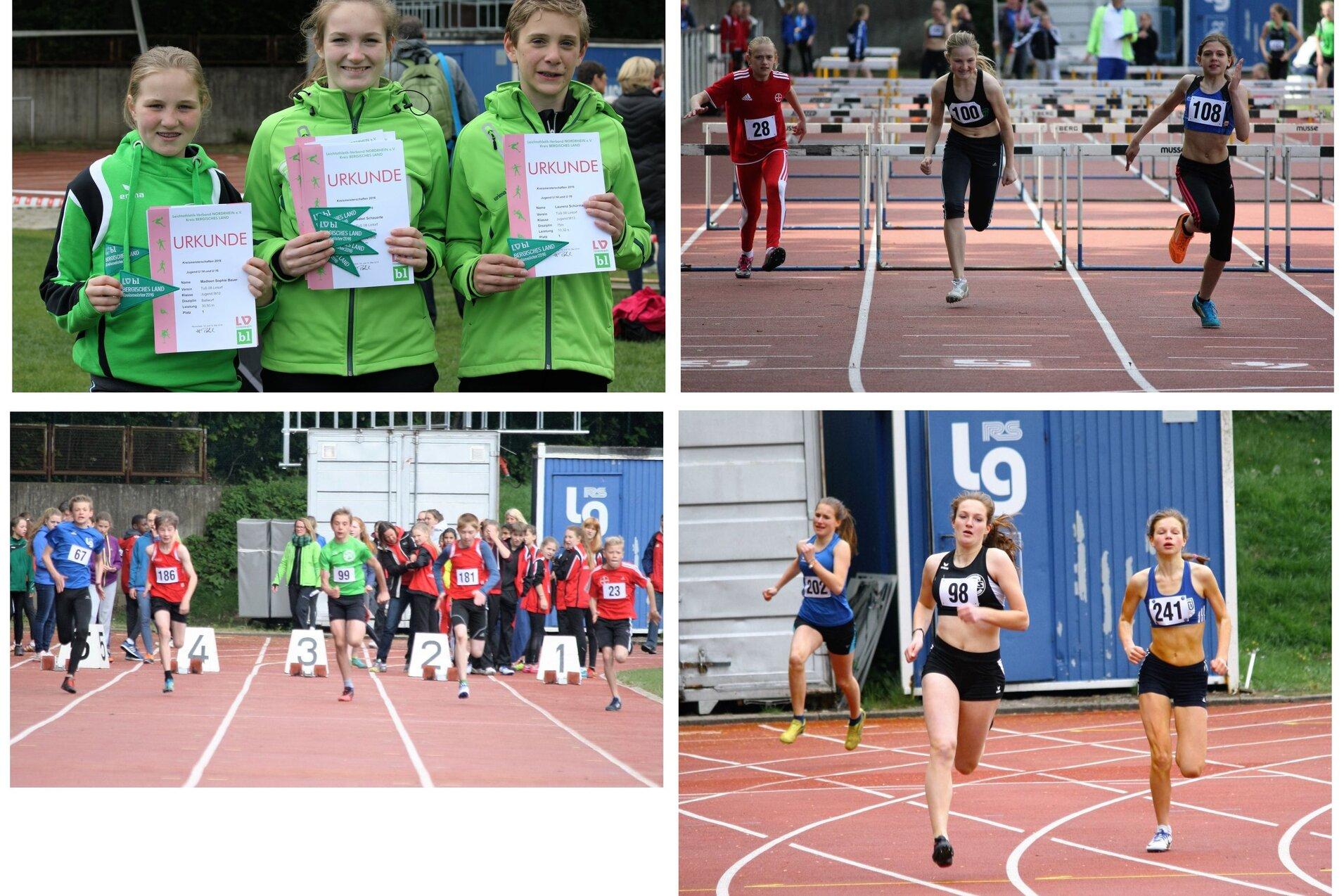 Vierteilige Collage mit Sportlern: Urkundenempfang, H&uuml;rdenlauf und Sprintwettk&auml;mpfen auf der Laufbahn.