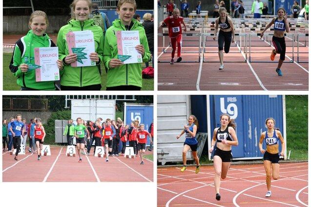 Vierteilige Collage mit Sportlern: Urkundenempfang, H&uuml;rdenlauf und Sprintwettk&auml;mpfen auf der Laufbahn.