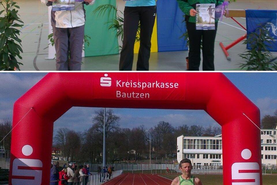 Drei Sportlerinnen halten Urkunden und Blumen in einer Halle, darunter eine Läuferin unter einem Zielbogen im Stadion.