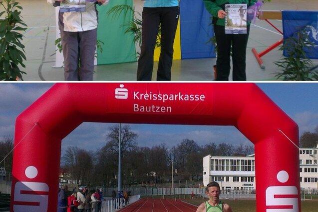 Drei Sportlerinnen halten Urkunden und Blumen in einer Halle, darunter eine L&auml;uferin unter einem Zielbogen im Stadion.