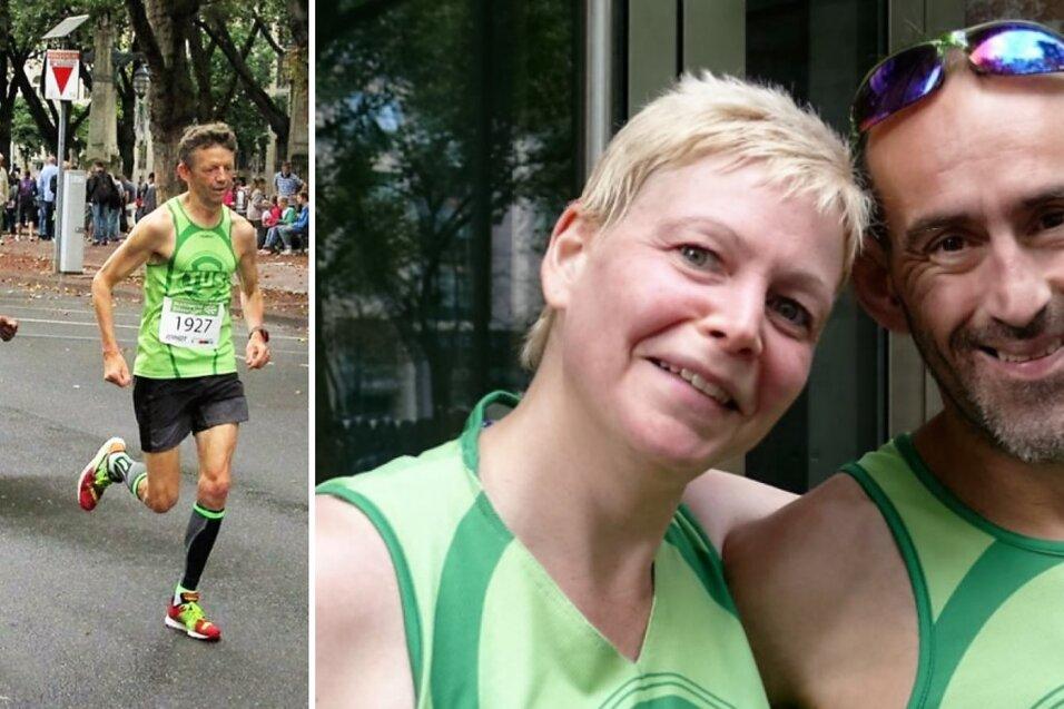Zwei Bilder: Links Teilnehmer eines Stra&szlig;enrennens in gr&uuml;nen Trikots, rechts zwei Personen l&auml;cheln in sportlicher Kleidung.