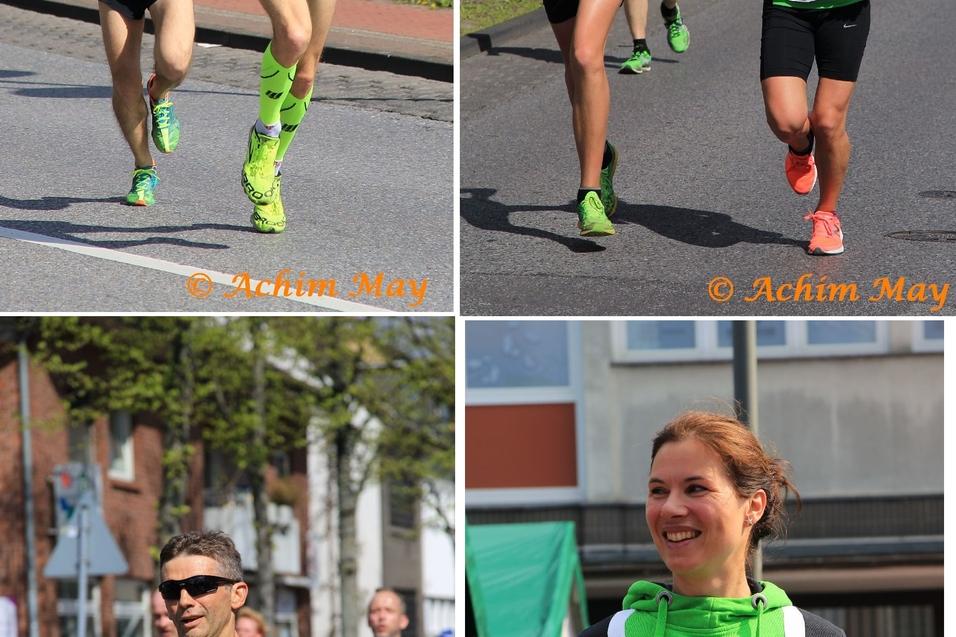 Vier Szenen von L&auml;ufern beim Stadtlauf: drei M&auml;nner und eine Frau, die in Wettkampfkleidung pr&auml;sentieren.
