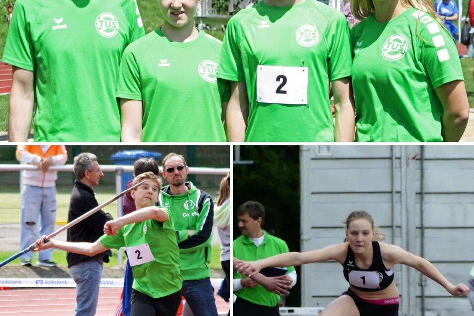 Vier Personen in gr&uuml;nen T-Shirts posieren am Sportplatz; darunter zwei Jugendliche beim Wettkampf.