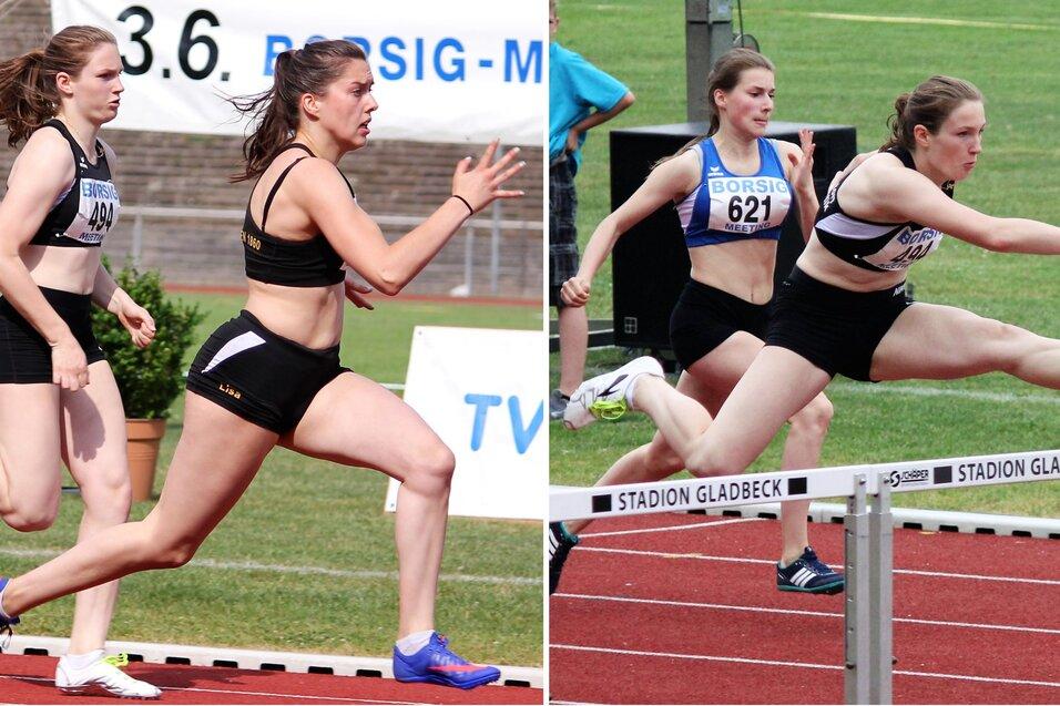Zwei Sportlerinnen beim Sprinten und H&uuml;rdenlauf auf einer roten Laufbahn, umgeben von gr&uuml;ner Wiese.