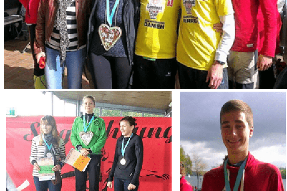 Gruppenbild von Sportlern nach einem Wettkampf, darunter Medaillenträger auf dem Siegerpodest.