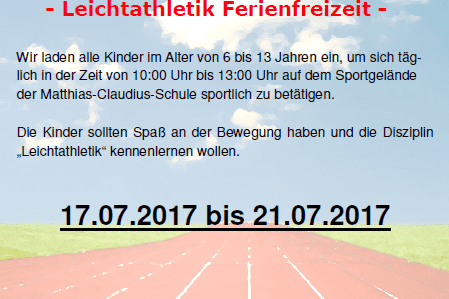 Plakat zur Leichtathletik-Ferienfreizeit von TuS 08 Lintorf und TuS Breitscheid, Termine und Kontaktinfos sind angegeben.