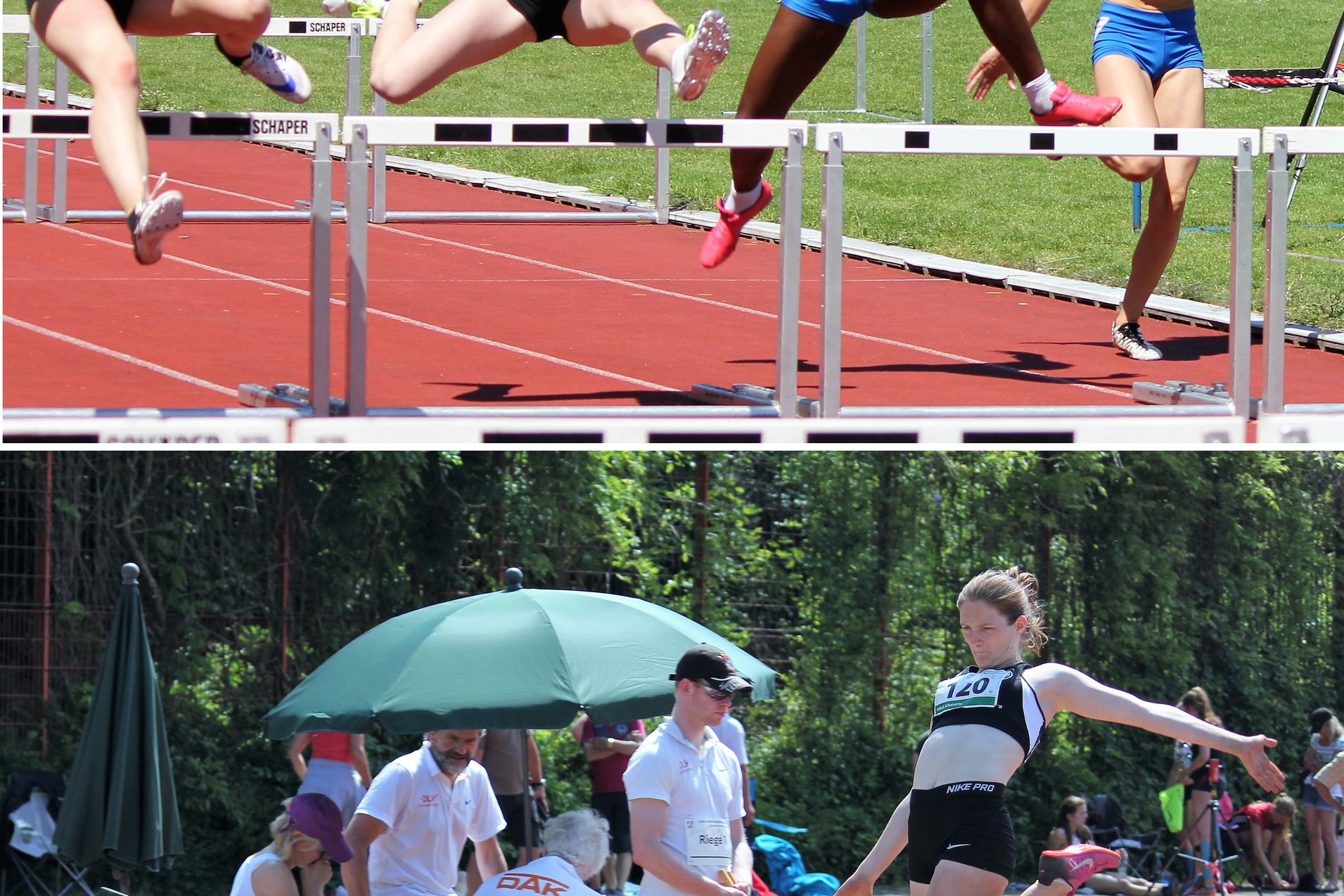 Unterer Bildbereich: H&uuml;rdenl&auml;uferinnen springen &uuml;ber H&uuml;rdلاحظان; im Hintergrund Betreuer und Zuschauer unter einem Sonnenschirm.