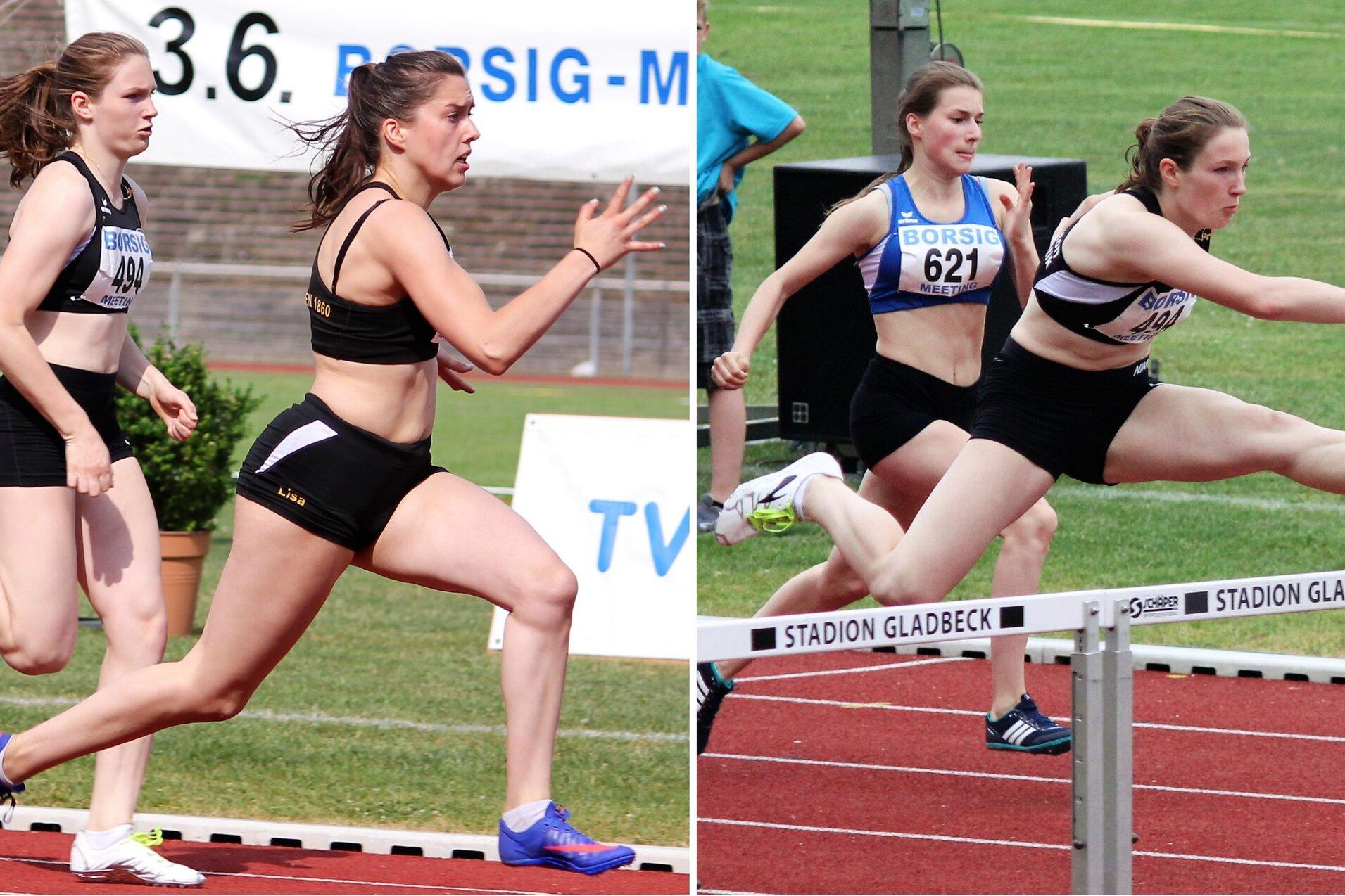 Zwei Sportlerinnen beim Sprinten und H&uuml;rdenlauf auf einer roten Laufbahn, umgeben von gr&uuml;ner Wiese.