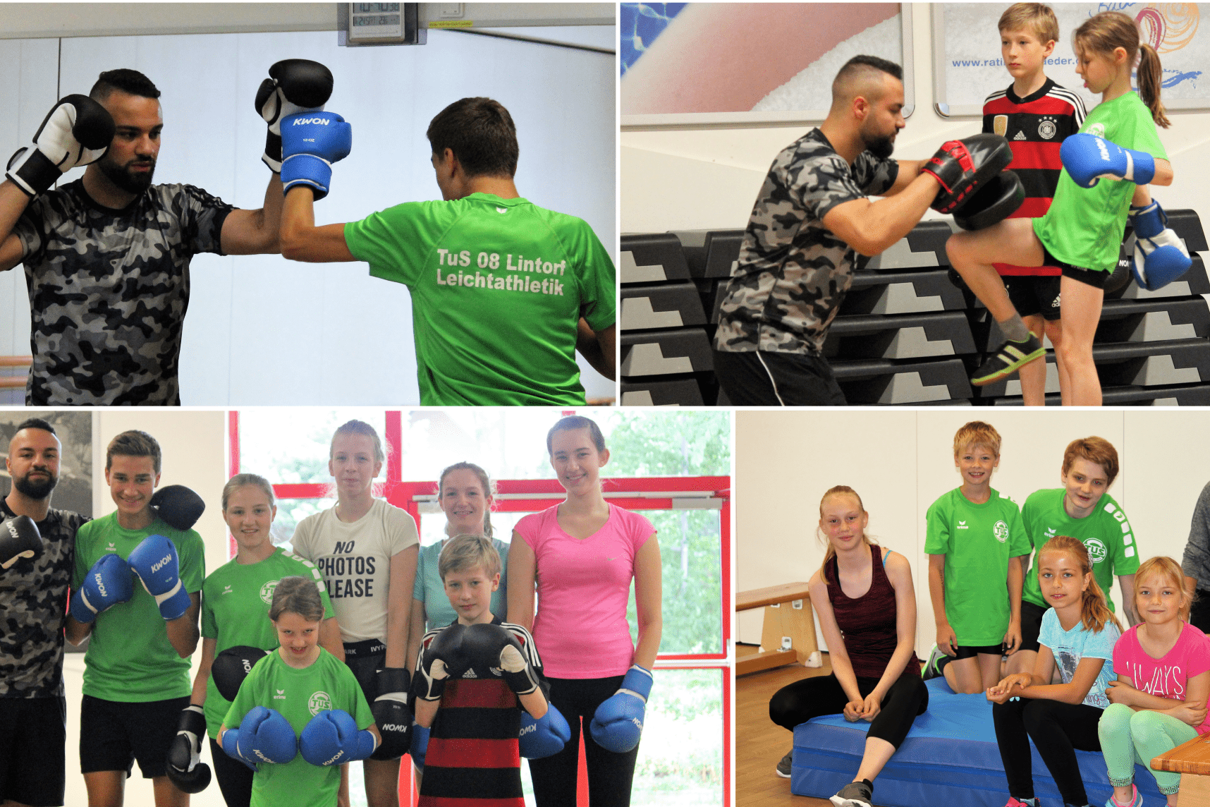 Kinder und Trainer beim Boxtraining in verschiedenen Szenen, einschließlich Übungen, Gruppenbild und Trainingseinheiten.