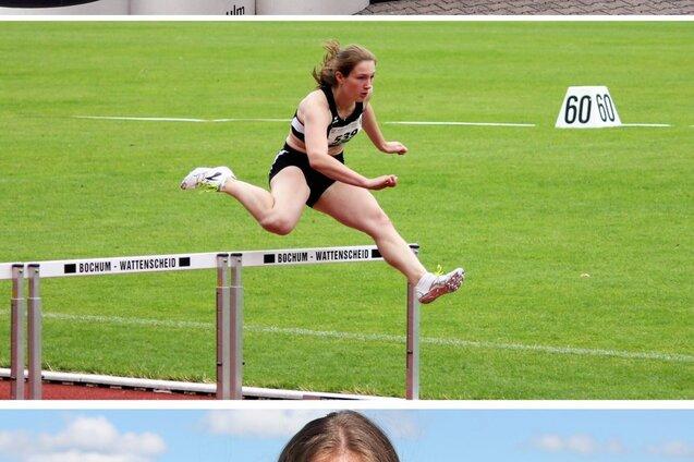 Drei Bilder von einem Leichtathletik-Wettkampf: Medaillensieger, Athletin beim H&uuml;rdenlauf und eine Urkunden&uuml;bergabe.