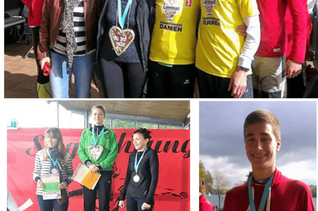 Gruppenbild von Sportlern nach einem Wettkampf, darunter Medaillentr&auml;ger auf dem Siegerpodest.