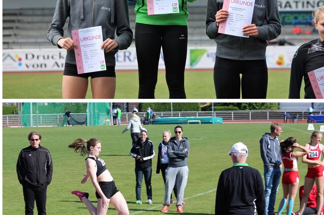 Drei Leichtathletinnen pr&auml;sentieren stolz ihre Urkunden auf einem Gewinnausschuss; darunter eine Athletin beim Weitsprung.
