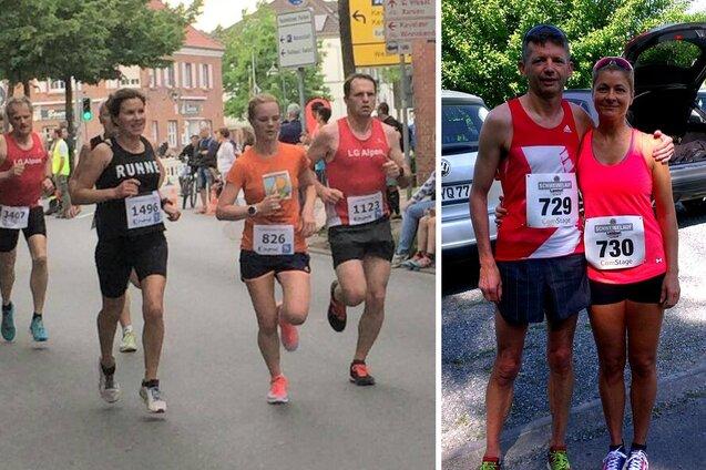 L&auml;ufer beim Wettkampf auf der linken Seite, rechts ein Paar mit Startnummern l&auml;chelt nach dem Lauf.