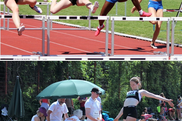 Unterer Bildbereich: H&uuml;rdenl&auml;uferinnen springen &uuml;ber H&uuml;rdلاحظان; im Hintergrund Betreuer und Zuschauer unter einem Sonnenschirm.