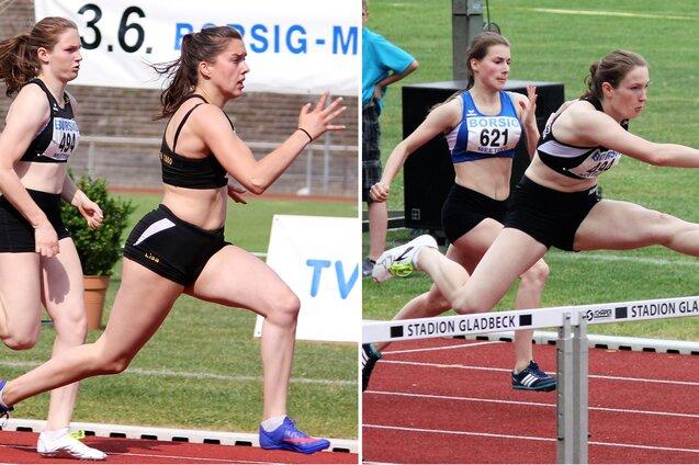 Zwei Sportlerinnen beim Sprinten und H&uuml;rdenlauf auf einer roten Laufbahn, umgeben von gr&uuml;ner Wiese.