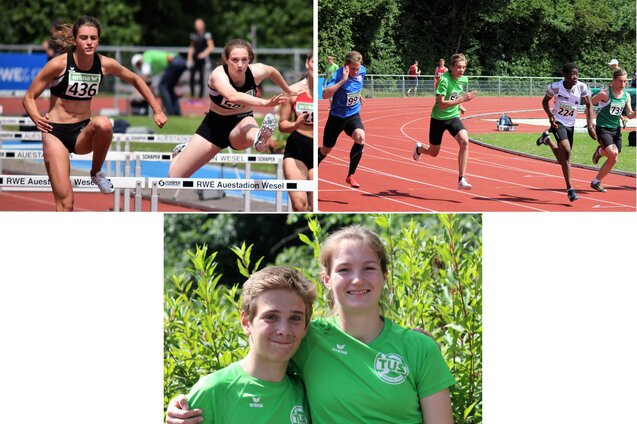 Drei Szenen von einem Leichtathletik-Event: H&uuml;rdenl&auml;uferinnen, Sprinter und zwei junge Athleten in Sportkleidung.