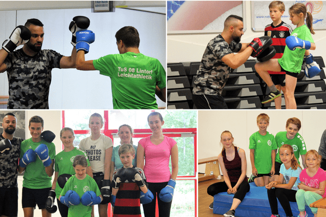 Kinder und Trainer beim Boxtraining in verschiedenen Szenen, einschlie&szlig;lich &Uuml;bungen, Gruppenbild und Trainingseinheiten.