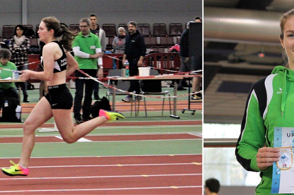 Sportlerin sprintet &uuml;ber eine H&uuml;rde in einer Leichtathletikhalle, w&auml;hrend Zuschauer im Hintergrund zuschauen.