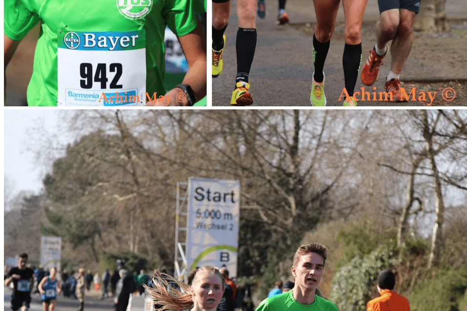 Drei Lauf-Actionbilder: L&auml;ufer in gr&uuml;nen und schwarzen Trikots auf einer Strecke mit Startbanner im Hintergrund.