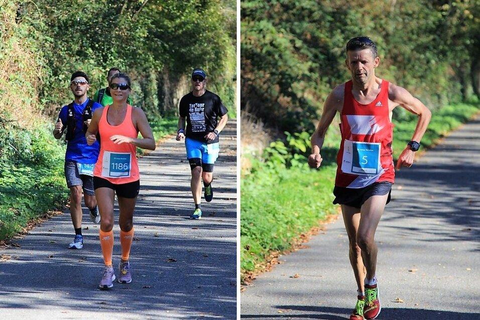 L&auml;ufer in einem Wettkampf auf einem Waldweg, eine Teilnehmerin in neonorange, ein weiterer L&auml;ufer im roten Trikot.