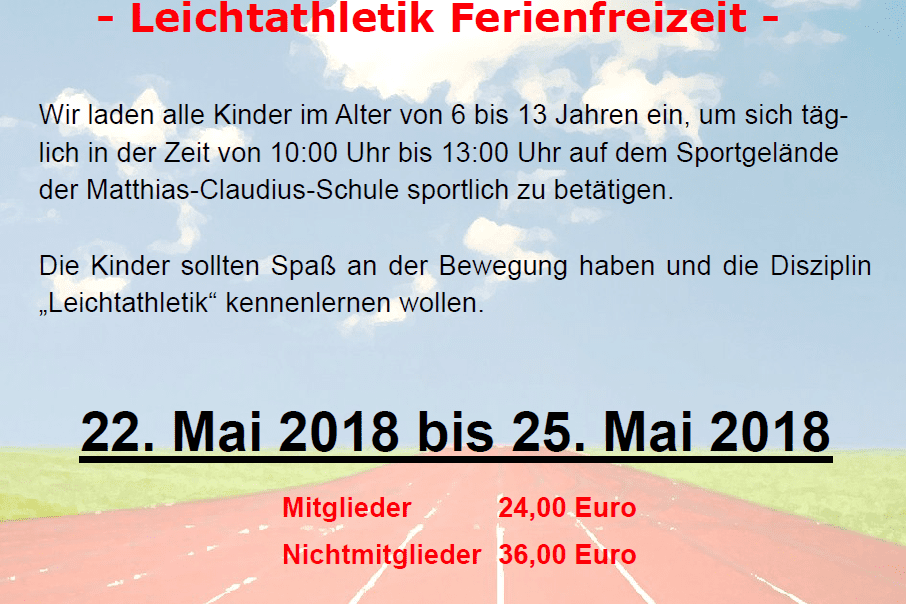 Informationsblatt &uuml;ber eine Leichtathletik-Ferienfreizeit f&uuml;r Kinder von TuS 08 Lintorf und TuS Breitscheid.