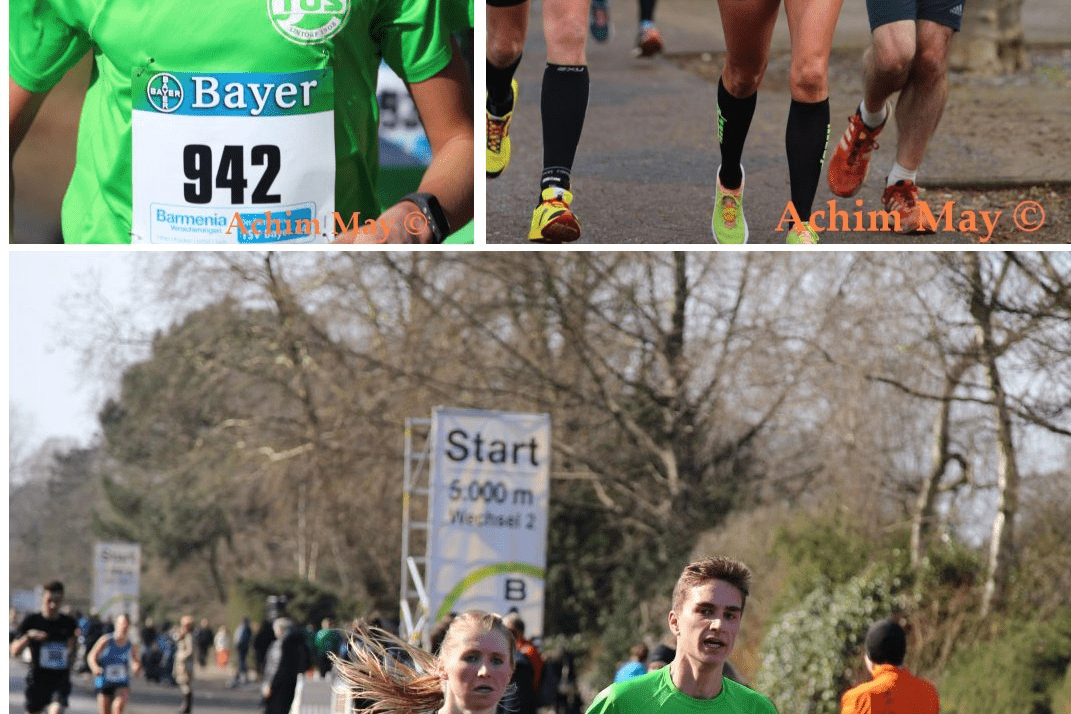 Drei Lauf-Actionbilder: L&auml;ufer in gr&uuml;nen und schwarzen Trikots auf einer Strecke mit Startbanner im Hintergrund.