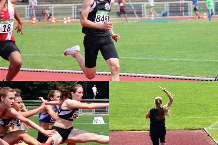 Drei Szenen von Leichtathletik: ein Junge sprintet, eine Gruppe springt &uuml;ber H&uuml;rden, ein M&auml;dchen l&auml;uft mit einem Staffelstab.