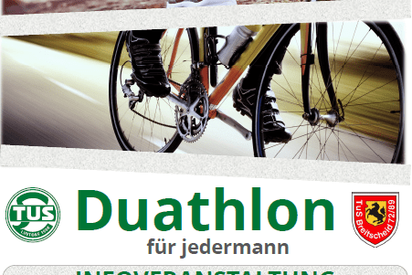 Plakat zur Duathlon-Infoveranstaltung mit Bildern von Jogging- und Fahrradschuhen sowie Veranstaltungsdetails.