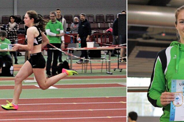 Sportlerin sprintet &uuml;ber eine H&uuml;rde in einer Leichtathletikhalle, w&auml;hrend Zuschauer im Hintergrund zuschauen.