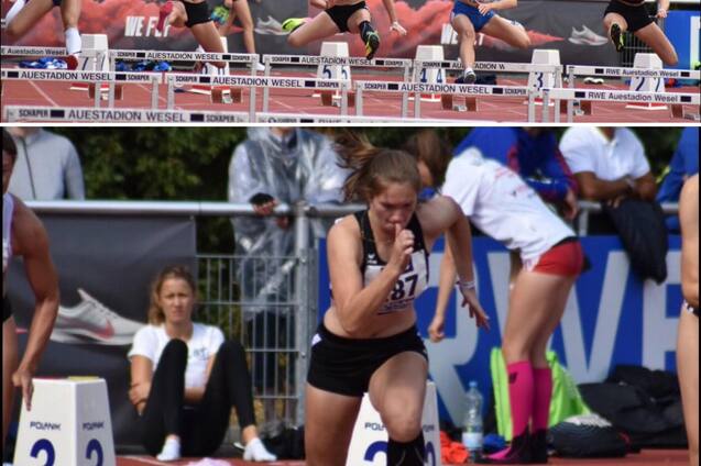 Zwei Sportlerinnen laufen &uuml;ber H&uuml;rden und eine weitere Athletin sprintet auf einer Laufbahn im Stadion.