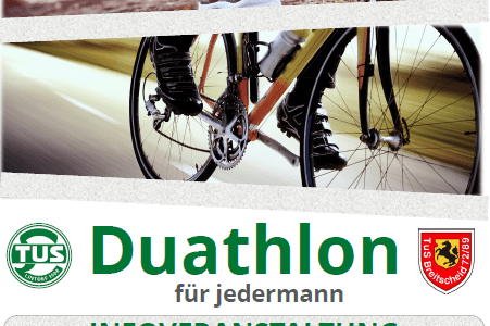 Plakat zur Duathlon-Infoveranstaltung mit Bildern von Jogging- und Fahrradschuhen sowie Veranstaltungsdetails.