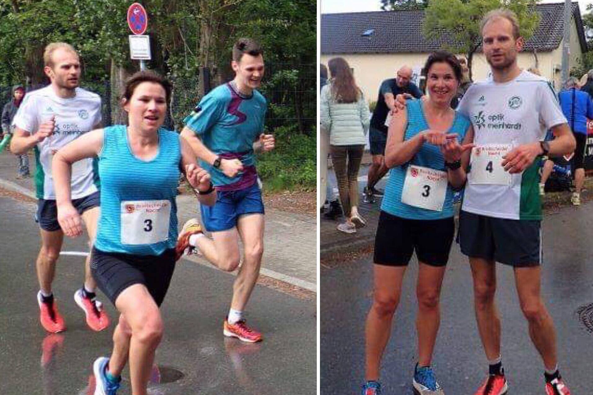 Vier Läufer in Sportkleidung, zwei im Rennen und zwei posieren lächelnd nach dem Lauf. Nummern auf ihren Shirts sichtbar.