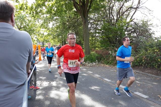 L&auml;ufer in roten und blauen Shirts bei einem Stra&szlig;enlauf, umgeben von B&auml;umen und Zuschauern.