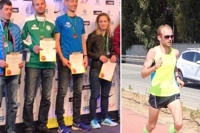 Zwei Bilder: Links Sportler bei Siegerehrung mit Urkunden, rechts ein L&auml;ufer in sportlicher Kleidung auf einer Stra&szlig;e.